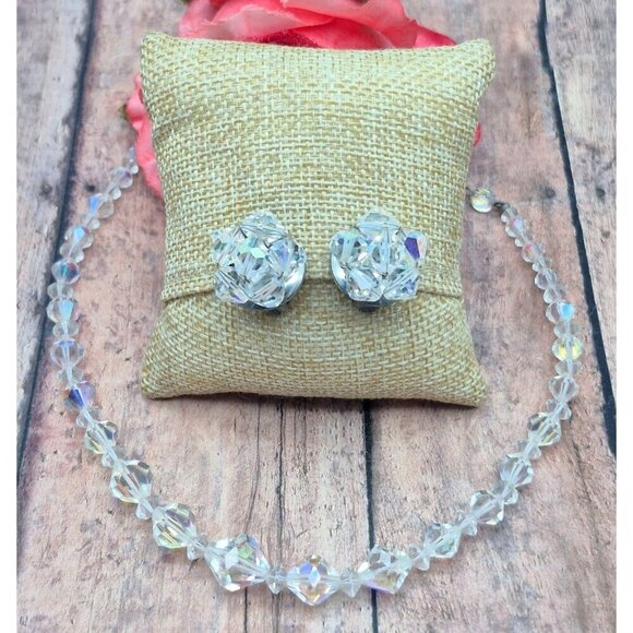 Vintage AB Crystal Collar Necklace & Clip On Cluster Earrings Set Arora Borealis - Picture 1 of 11